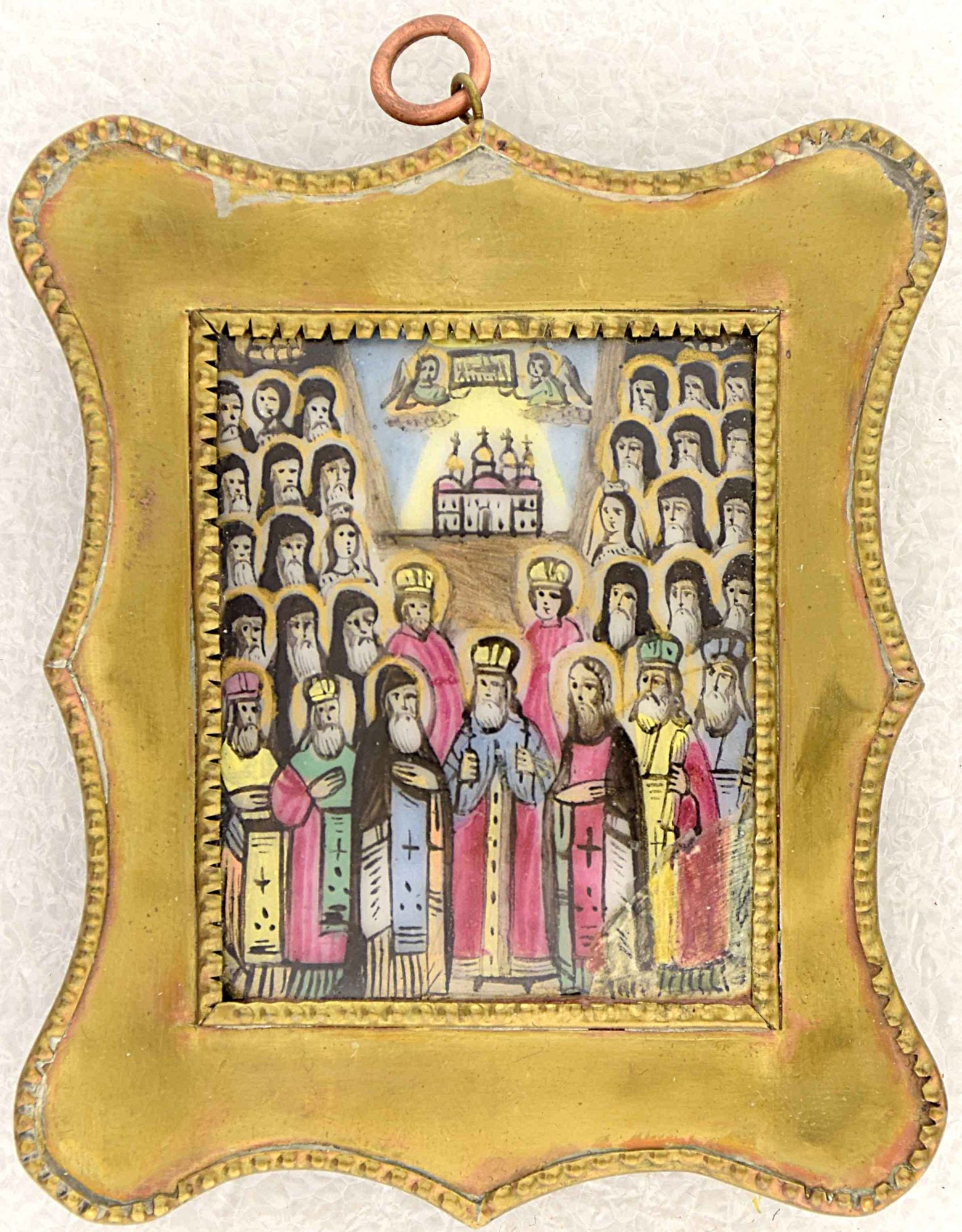 Russian icon, pendant "Assembly of Saints of Kiev Pechersk Lavra". - Russia, 19th century. - 6,5x8: Russian icon, pendant "Assembly of Saints of Kiev Pechersk Lavra". - Russia, 19th century. - 6,5x8 cm. Finift. Brass.