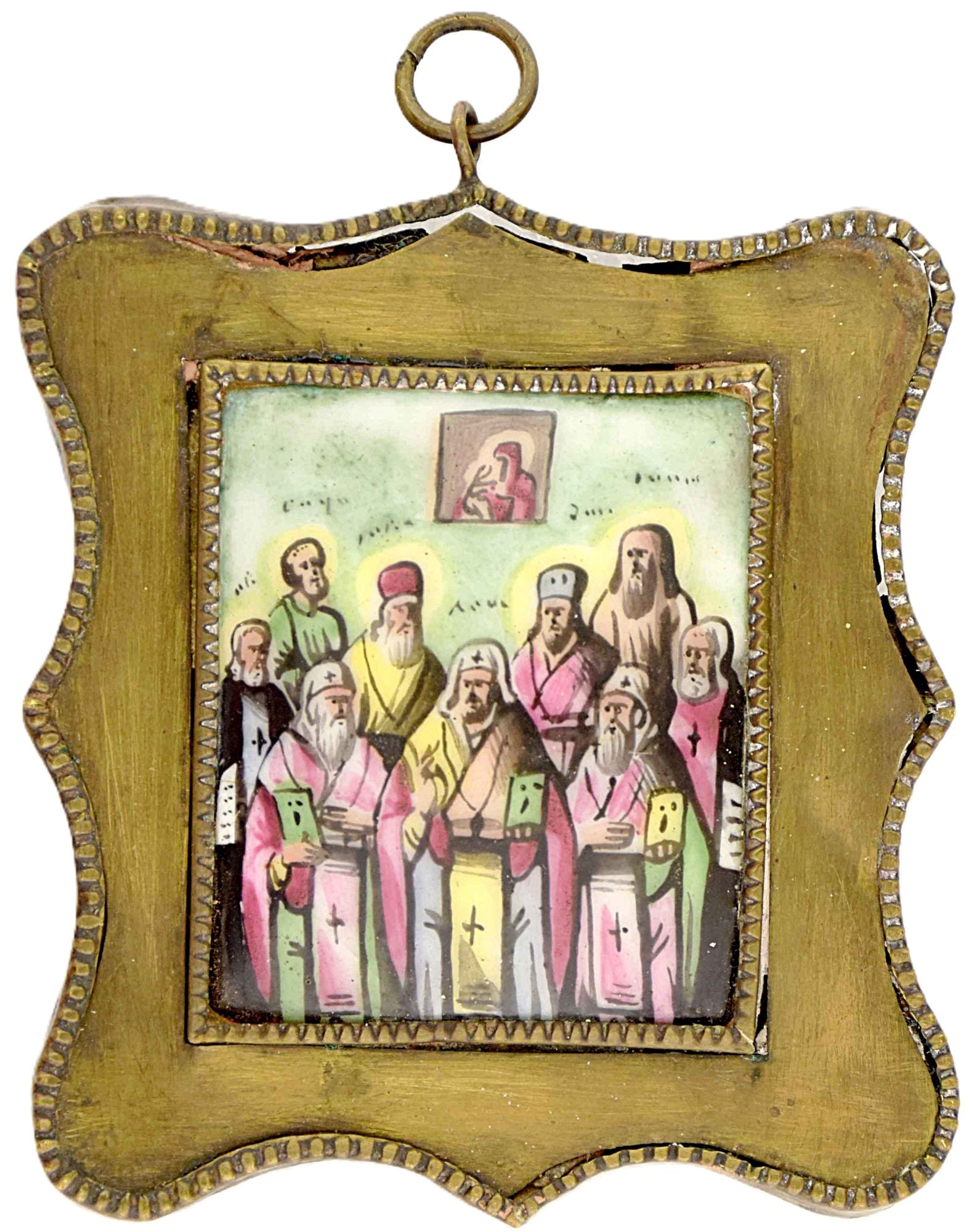 Russian icon, pendant "Selected saints of Rostov". - Russia, 19th century. - 6,5x7,5 cm.: Russian icon, pendant "Selected saints of Rostov". - Russia, 19th century. - 6,5x7,5 cm. Finift. Brass.