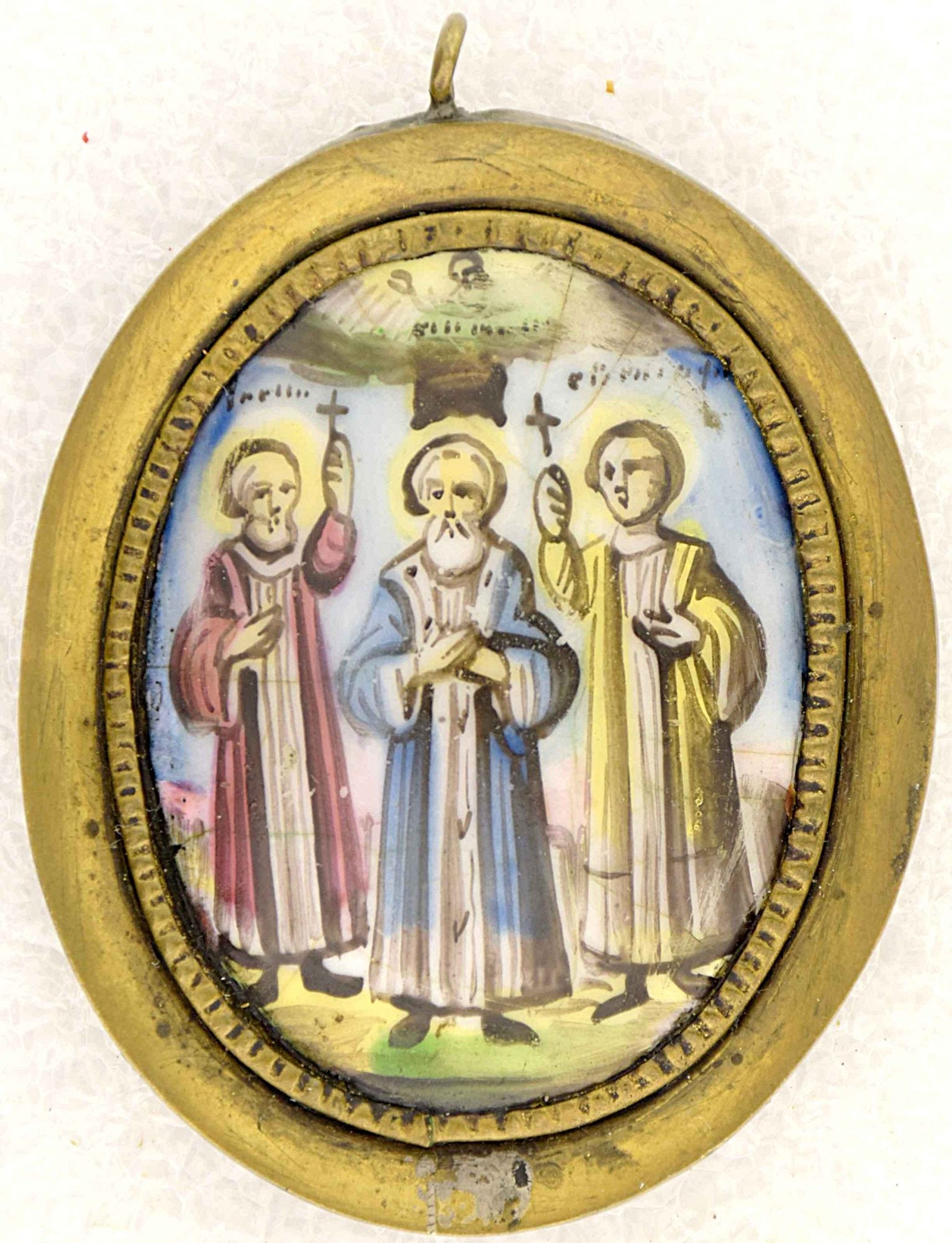 Russian icon, pendant "Saints Samonas, Gurias and Habibus". - Russia, 19th century. - 5x6 cm.: Russian icon, pendant "Saints Samonas, Gurias and Habibus". - Russia, 19th century. - 5x6 cm. Finift. Brass.