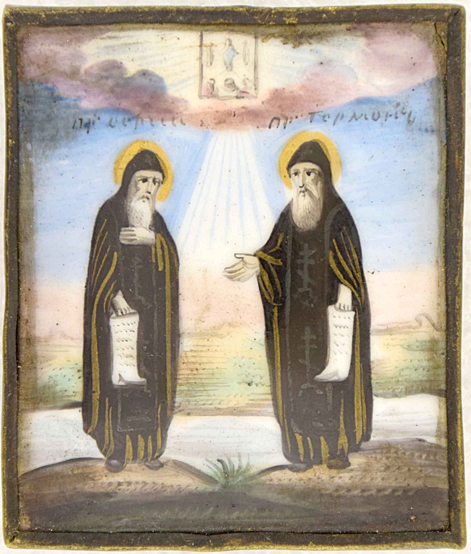 Russian icon, pendant "Saint Sergiy Radonezhsky, Saint Herman". - Russia, 19th century. - 4x5 cm. (1 of 2)