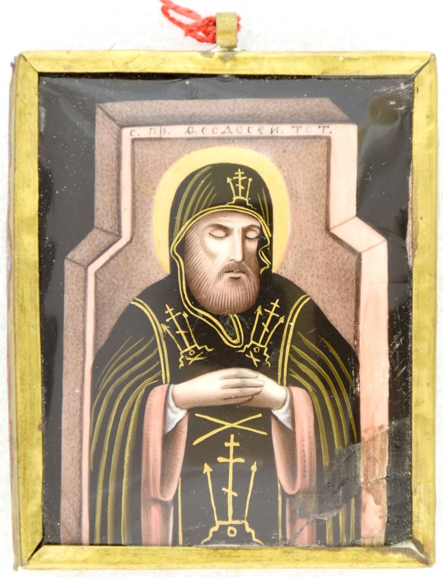 Russian icon, pendant "Saint Theodosius of Totma". - Russia, 19th century. - 6x7,5 cm.: Russian icon, pendant "Saint Theodosius of Totma". - Russia, 19th century. - 6x7,5 cm. Finift. Brass.