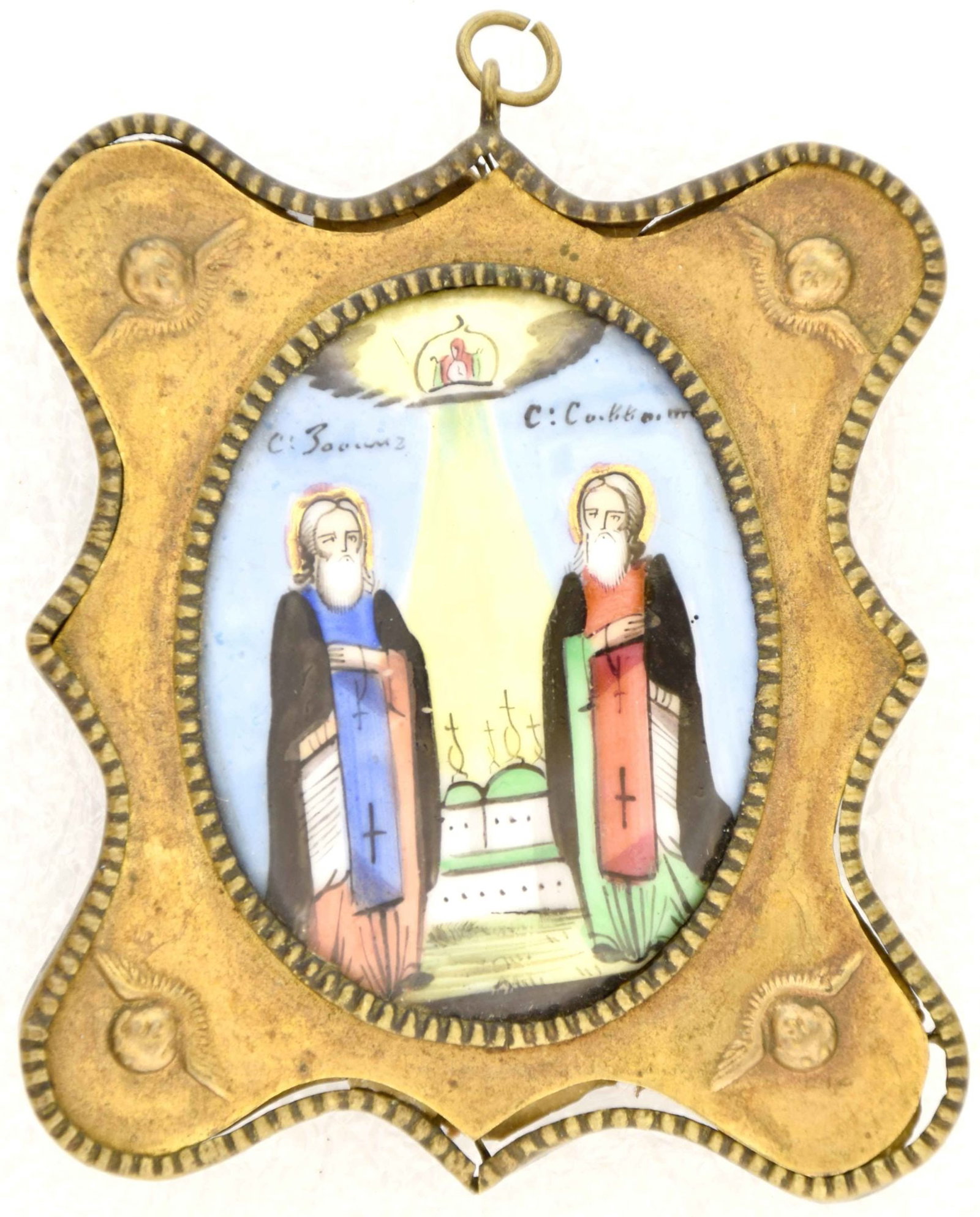 Russian icon, pendant "Saints Zosima and Savatii (founders of the Solovetsky Monastery)". - Russia,: Russian icon, pendant "Saints Zosima and Savatii (founders of the Solovetsky Monastery)". - Russia, 19th century. - 6,5x7 cm. Finift. Brass.