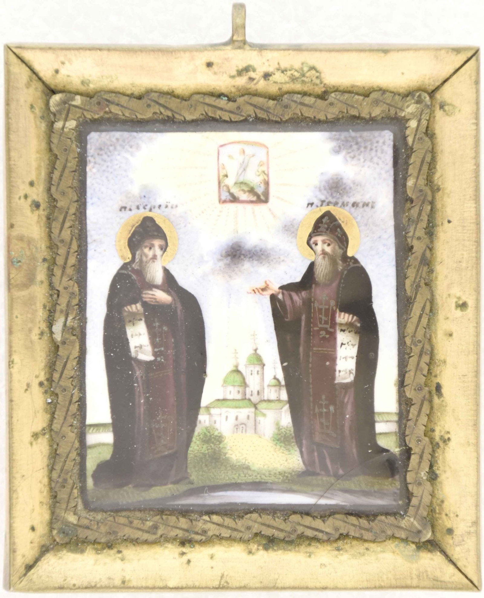 Russian icon, pendant "Saint Sergiy Radonezhsky, Saint Herman". - Russia, 19th century. - 6x6,8 cm. (1 of 2)