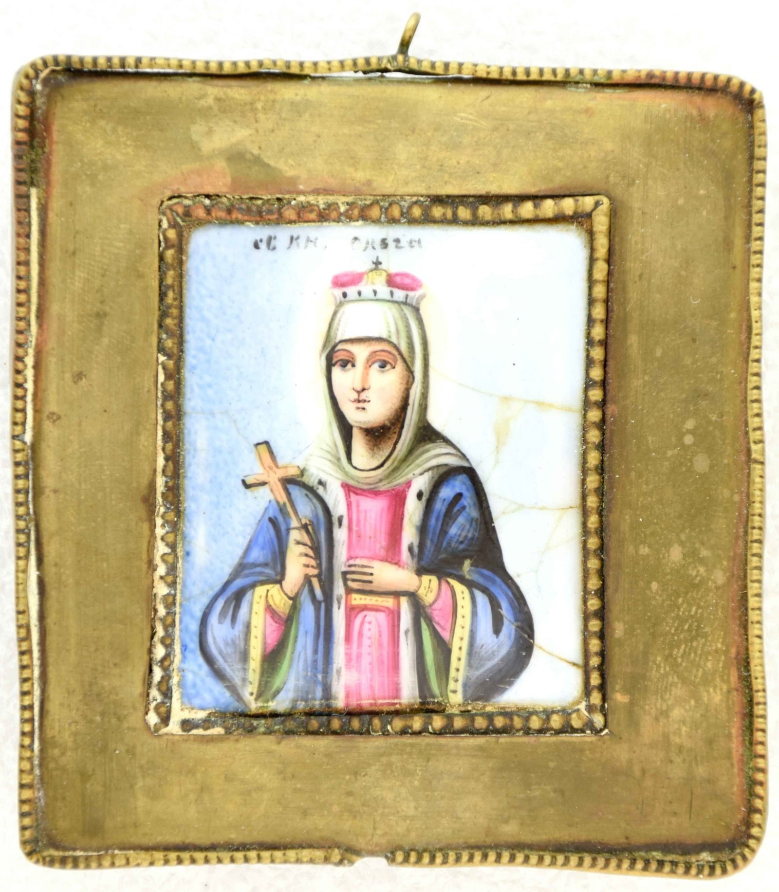 [Rare] Russian icon, pendant "Saint Princess Olga". - Russia, 19th century. - 6,8x7,2 cm. (1 of 2)