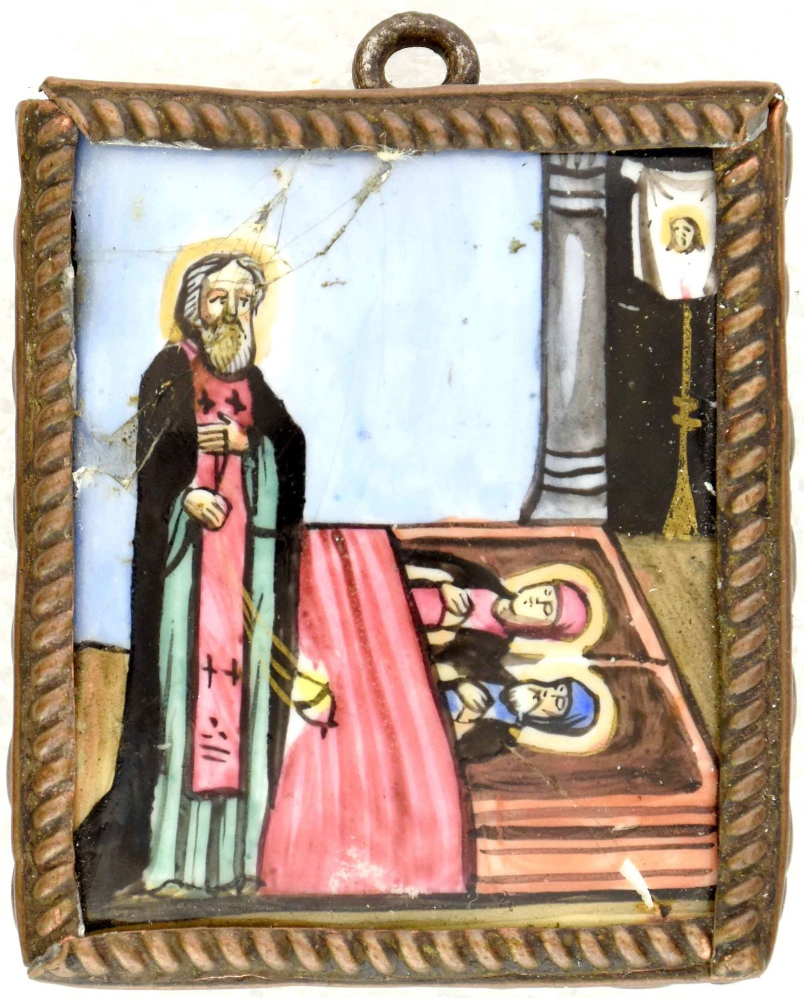 Russian icon, pendant "Saint Sergius of Radonezh". - Russia, 19th century. - 4,5x5,5 cm.: Russian icon, pendant "Saint Sergius of Radonezh". - Russia, 19th century. - 4,5x5,5 cm. Finift. Brass.