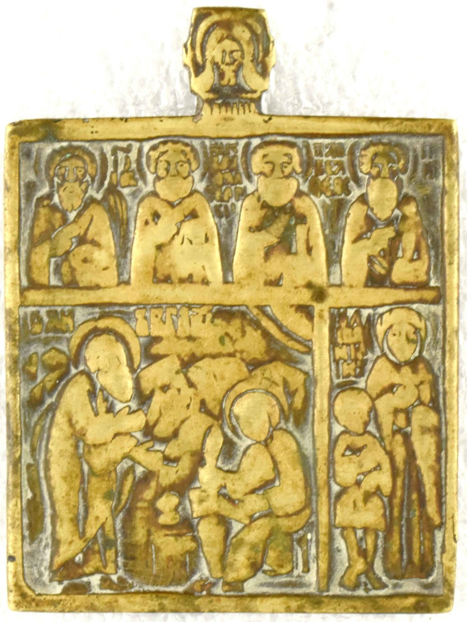Russian icon "Saint John the Evangelist and Saint Prochoros". - Russia, 17-18th century. - 6,4x8,5: Russian icon "Saint John the Evangelist and Saint Prochoros". - Russia, 17-18th century. - 6,4x8,5 cm. Brass. Cast in relief.
