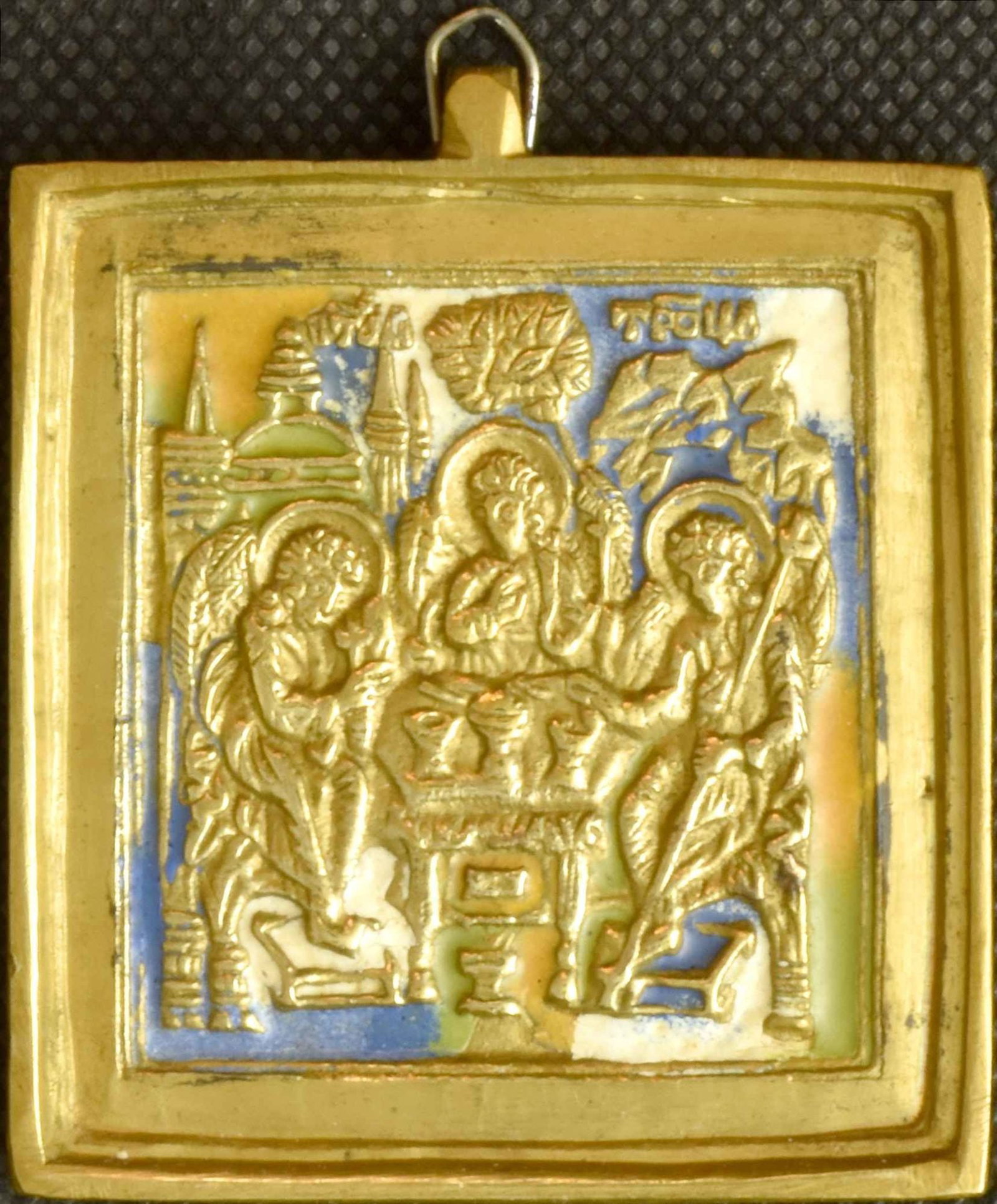 Russian icon "Old Testament Trinity". - Russia, 19th century. - 5x6,3 cm. (1 of 2)