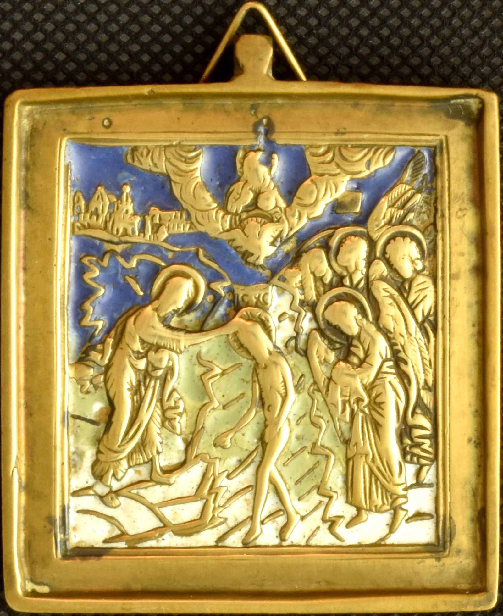 Russian icon "Baptism of Christ (Epiphany)". - Russia, 19th century. - 5,2x6,5 cm.: Russian icon "Baptism of Christ (Epiphany)". - Russia, 19th century. - 5,2x6,5 cm. Brass. Cast in relief. Enamels (3 colours).