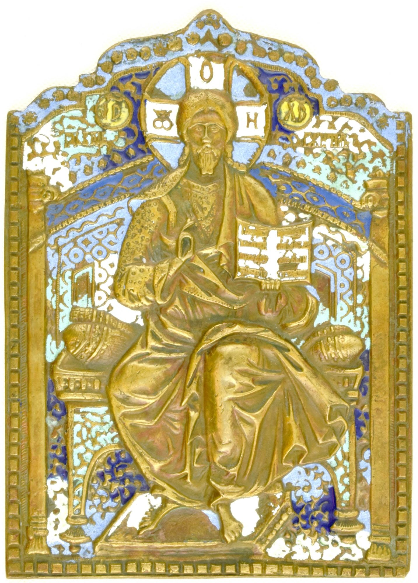 Russian icon "Christ the Almighty". - Russia, 19th century. - 16x22 cm.: Russian icon "Christ the Almighty". - Russia, 19th century. - 16x22 cm. Enamels (6 colours). Brass; gilding. Cast in relief.