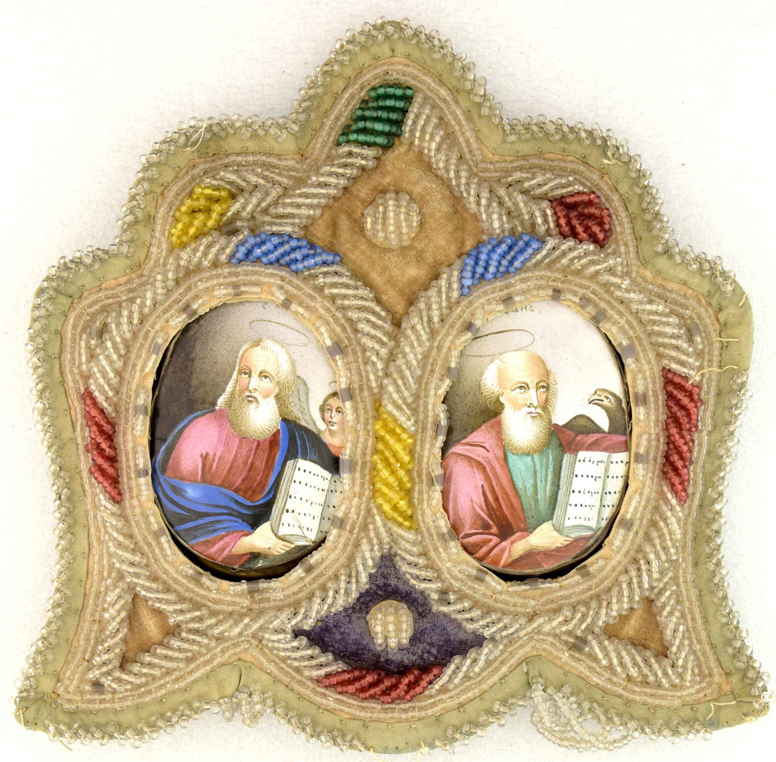 [Russian. Rare] Pair of finift icons ('diptych') beads-embroidered frame "Saint Evangelists John and (1 of 2)