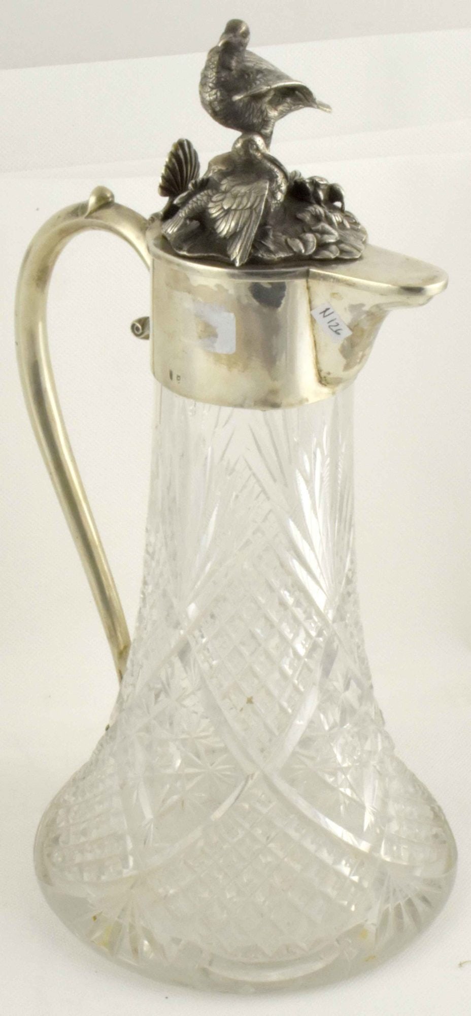 [Russia]. Crystal carafe with the silver lid "Woodcocks (?)". - Russia, 19-20th century. - 23x16 cm. (1 of 6)