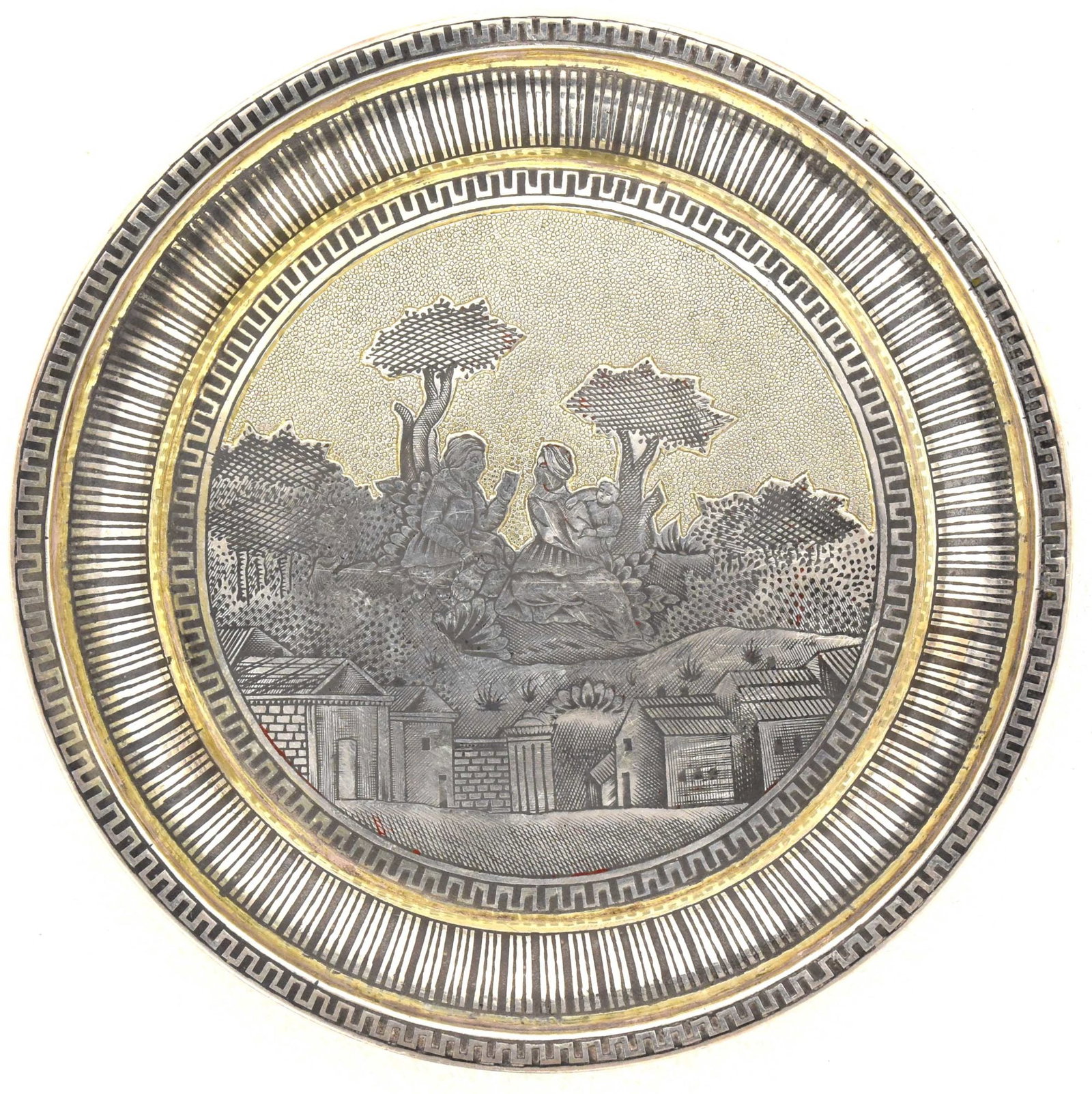 [Russian]. Silver plate with genre scene. - Russia, 20th century. - 11x11 cm. Weight: 105 g.: [Russian]. Silver plate with genre scene. - Russia, 20th century. - 11x11 cm. Weight: 105 g. Silver; casting, niello, engraving. Hallmark of .84 fineness, Moscow city coat of arms - city of assay, dat