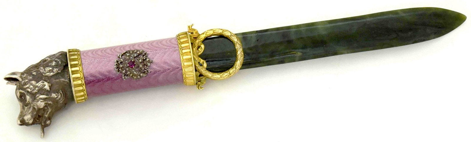 [Russian]. Nephrite jade paper knife decorated with silver. - Russia, 20th century. - 26x4,5x2,5 cm.: [Russian]. Nephrite jade paper knife decorated with silver. - Russia, 20th century. - 26x4,5x2,5 cm. Jade; carving. Silver; casting, guilloche enamel, gilding. Diamonds, rubies. Hallmarks: "88", "doub