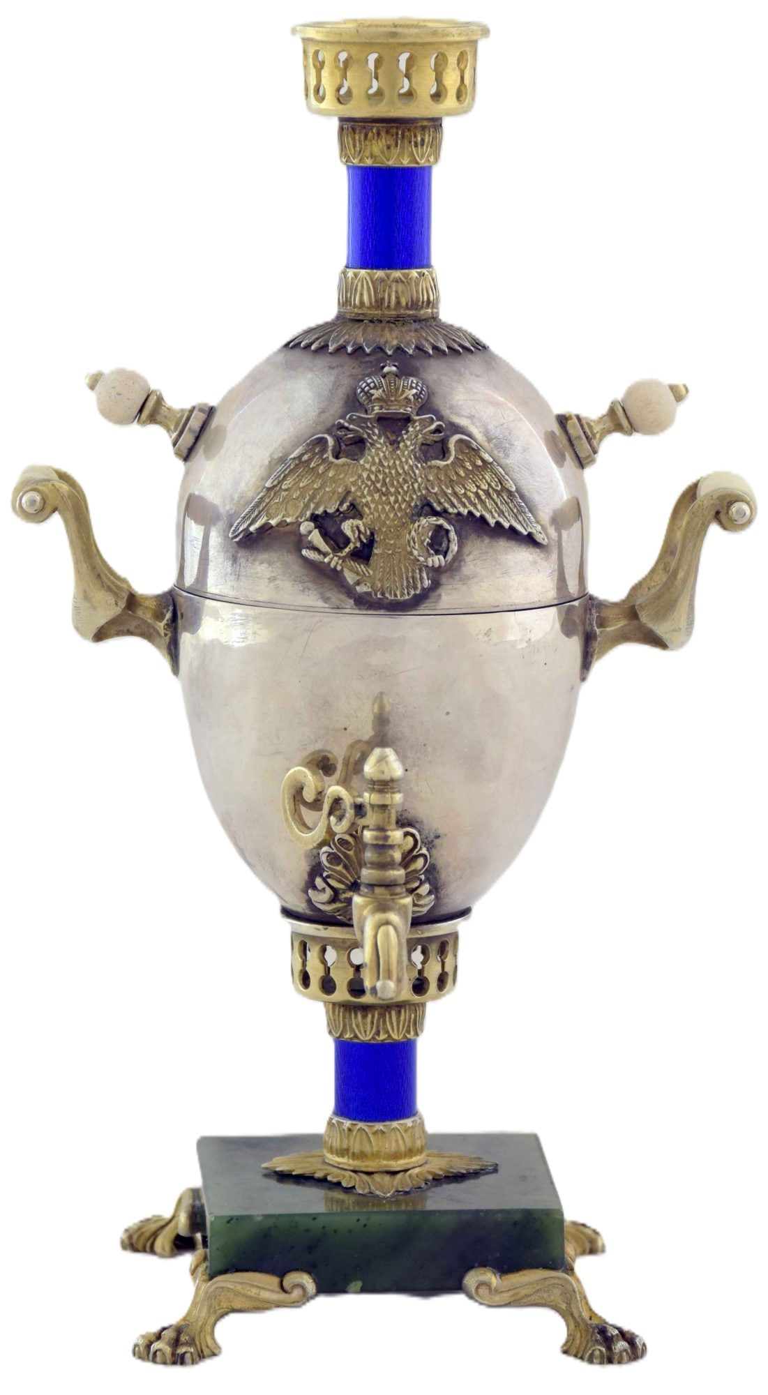 [Russian]. Silver miniature samovar with double-headed eagle and nephrite base. - Russia, 20th (1 of 5)