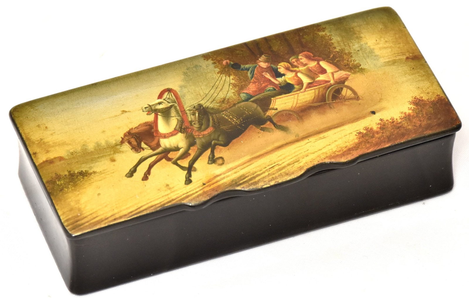 [Russian]. Russian lacquer stamp box "Summer triple-horses cab ('Troyka')". - Russia, Lukutin's (1 of 3)