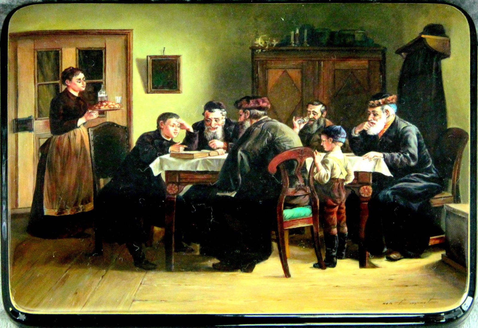 [Russian. Judaica]. Russian lacquer box with the genre scene. - Russia, Fedoskino, 20th century. - (1 of 2)