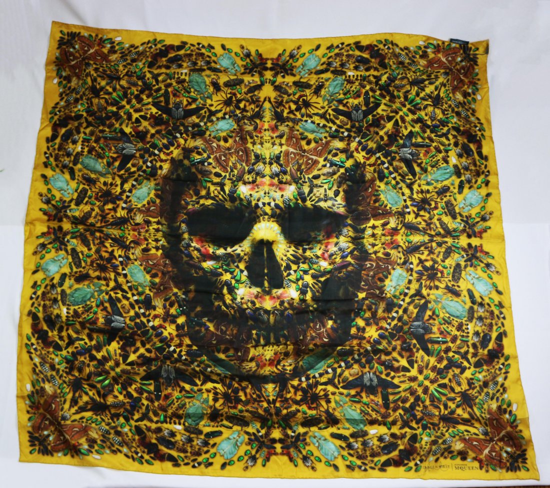 Alexander McQueen x Damien Hirst Tityus Scarf: 100% Silk Alexander McQueen x Damien Hirst Scarf - New with tags 133 cm x 133 cm (about 52" x 52") From the McQueen Archives: "In celebration of the 10th anniversary of the skull scarf, Alexander McQu