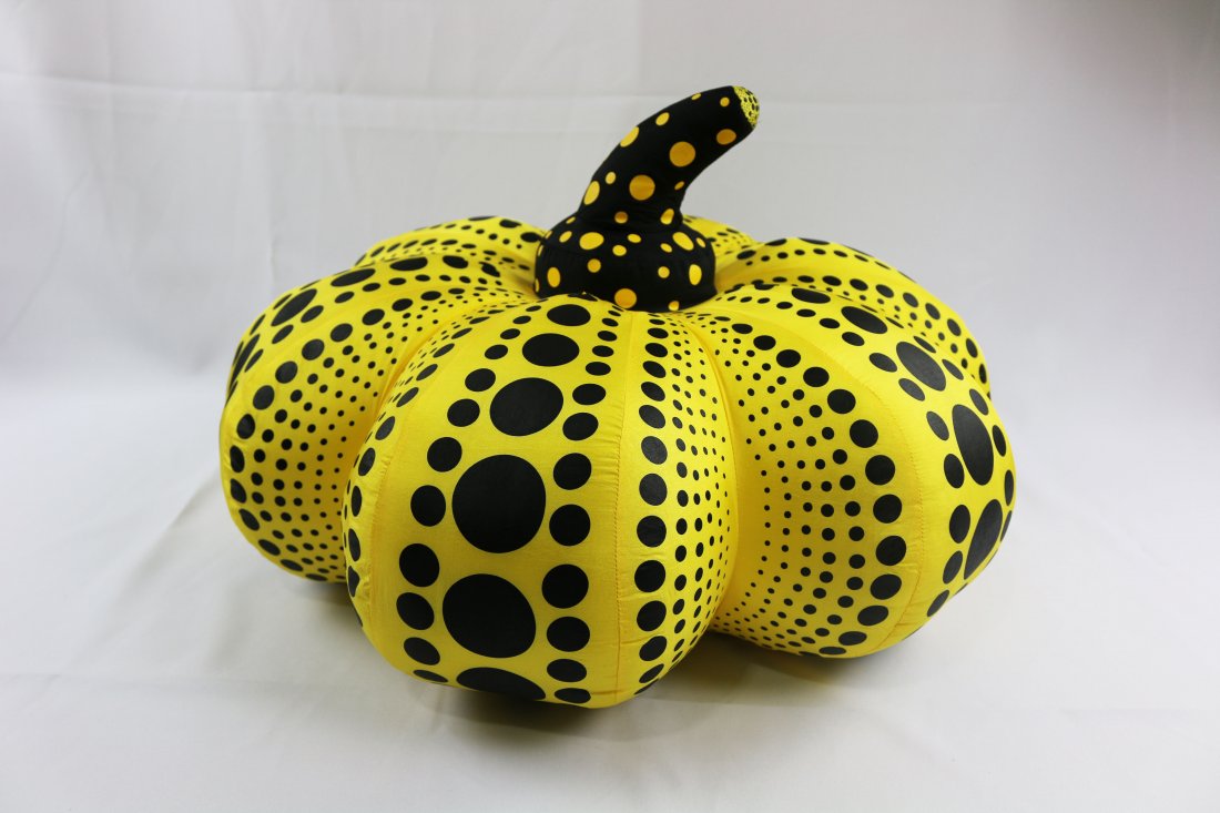Yayoi Kusama Large Soft Yellow Pumpkin: Yayoi Kusama Pumpkin Yellow Plush Soft Sculpture Made by Ramfrom, Copyright Yayoi Kusama, Nylon Measures approximately 22 cm x 55 cm x 35 cm (8.6" x 21.5" x 13.7")