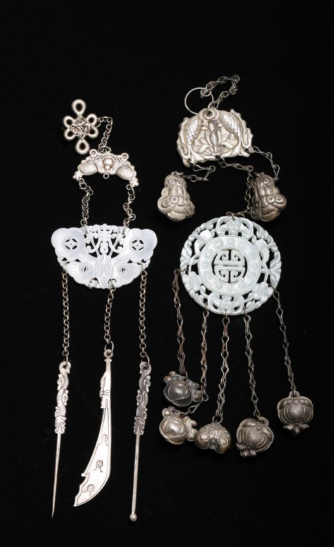 TWO CHINESE SILVER AND JADE ORNAMENTS (1 of 6)