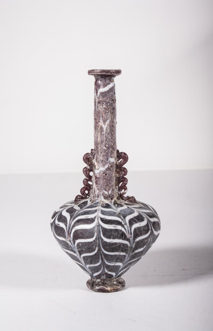 ANCIENT ROMAN GLASS FLASK: Height: 5.8 inches. Height: 14.8cm