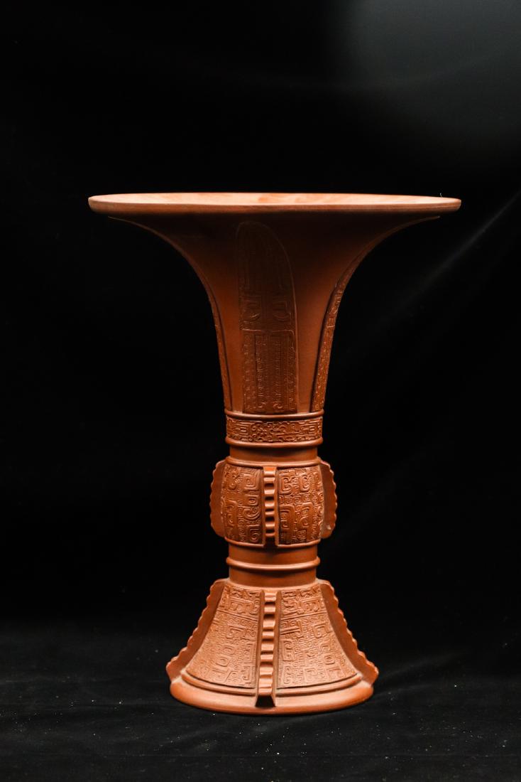 CHINESE ZHUSHA CLAY GU VASE IN ARCHAIC MOTIF (1 of 10)