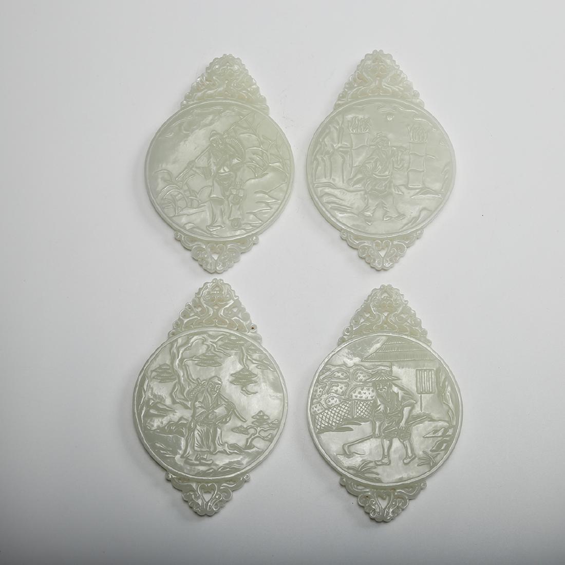 CHINESE WHITE JADE PLAQUES, SET OF 4: Height: 4.8 inches. Width: 3.1 inches. Thickness: 0.3 inches. Height: 12.1cm Width: 7.9cm Thickness: 0.7cm Weight: 480g Provenance: From the collections of Mr. AtsukoÂ Jerrie estates from Rochester,