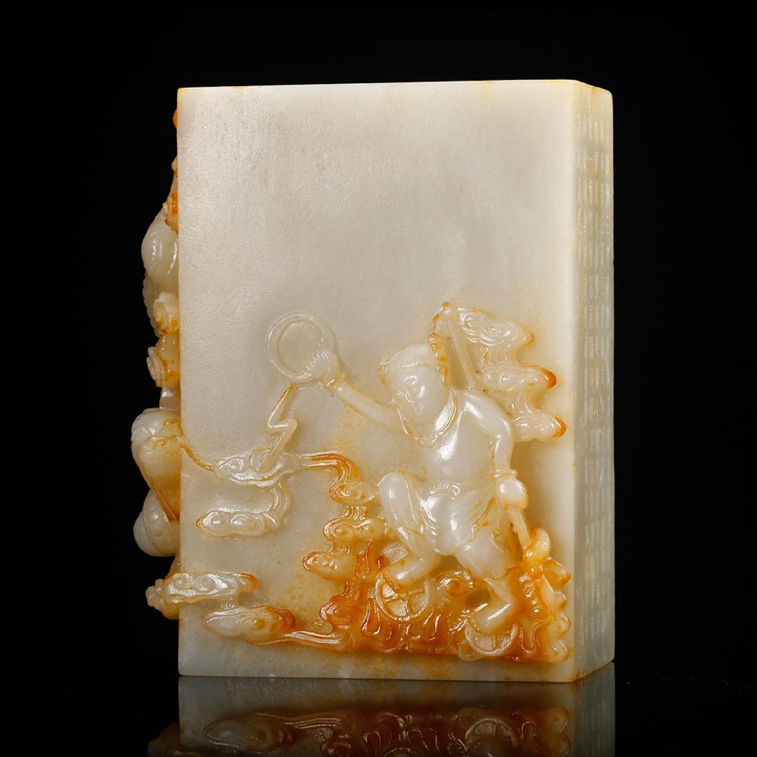 CHINESE WHITE JADE BRUSH POT W. FIGURINE MOTIF: Qing dynasty. Length: 4.7 inches. Width: 2.8 inches. Height: 5.7 inches. Length: 11.9cm Width: 7.2cm Height: 14.5cm Weight: 1440.5g Provenance: From the collections of Mr. Robert Philbin estates from