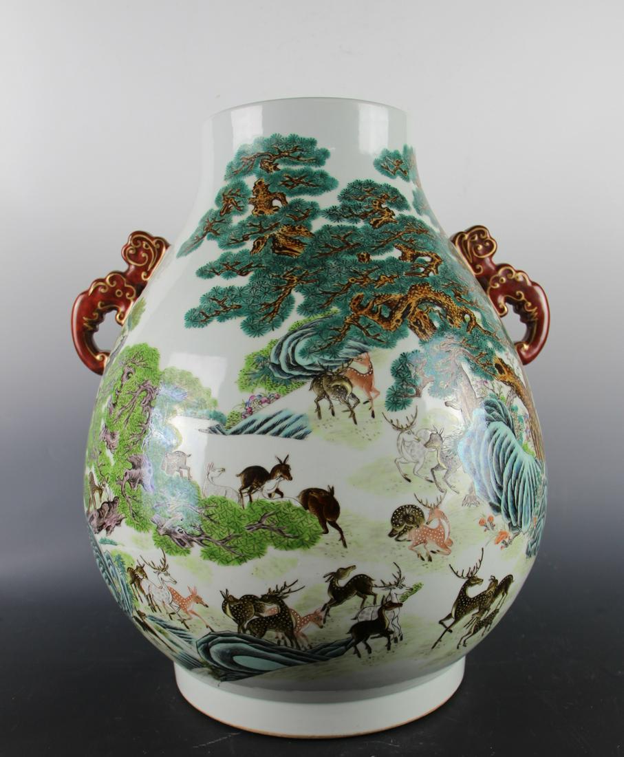 CHINESE FAMILLE ROSE ZUN VASE, DEER SCENE: Height: 18.5 inches. Height: 47cm Provenance: From the collections of Mr. Lam from Pennsylvania.