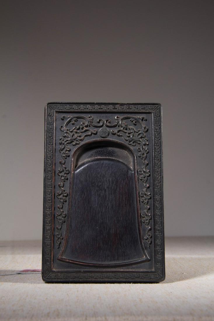 CHINESE HARDWOOD SCHOLAR INKSTONE: length: 6.3 inches. , width: 4.1 inches. , height: 0.8 inches. length: 16cm , width: 10.5cm , height: 2cm