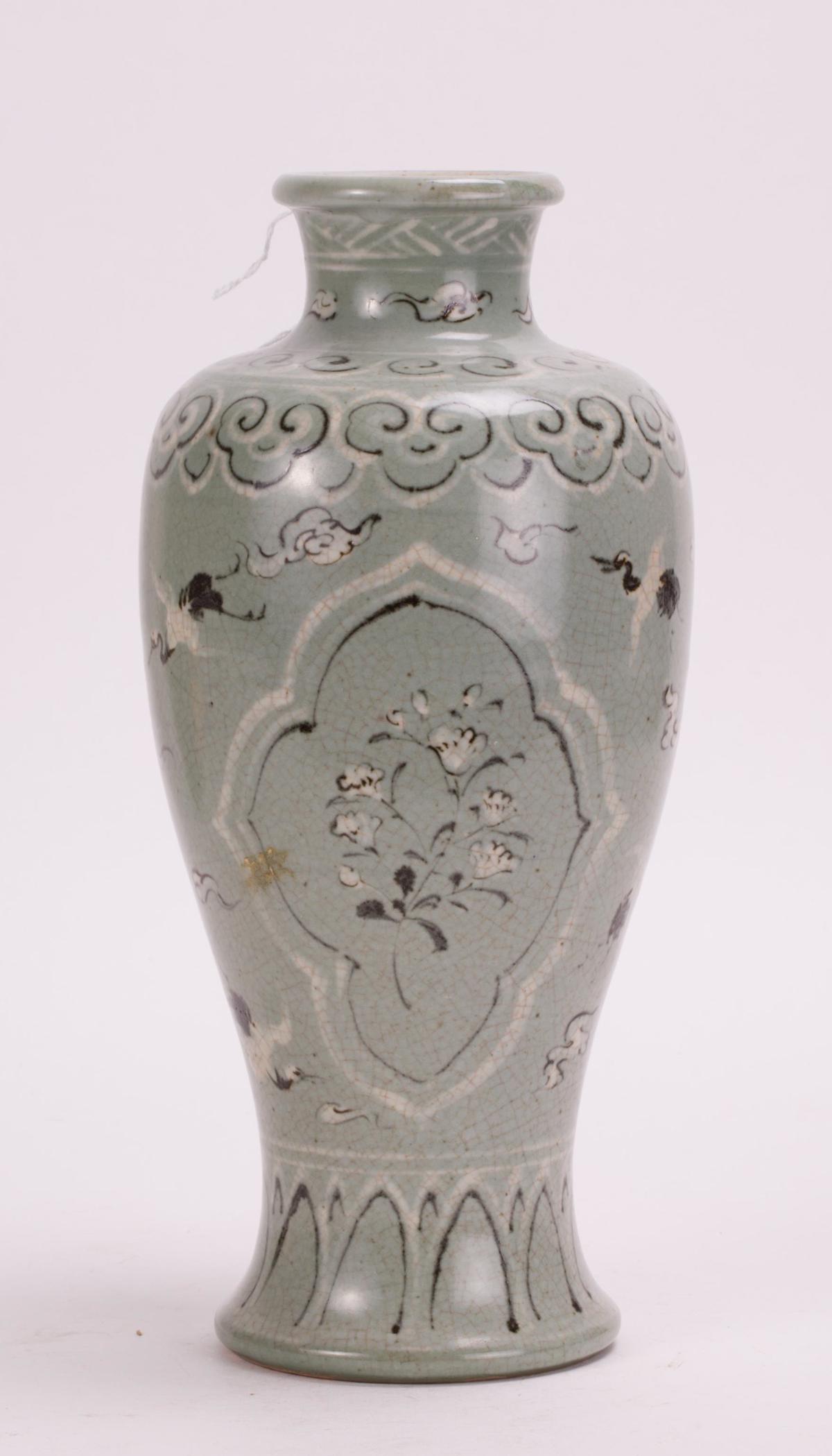 KOREAN CELADON PORCELAIN VASE WITH CRANE SCENE (1 of 6)