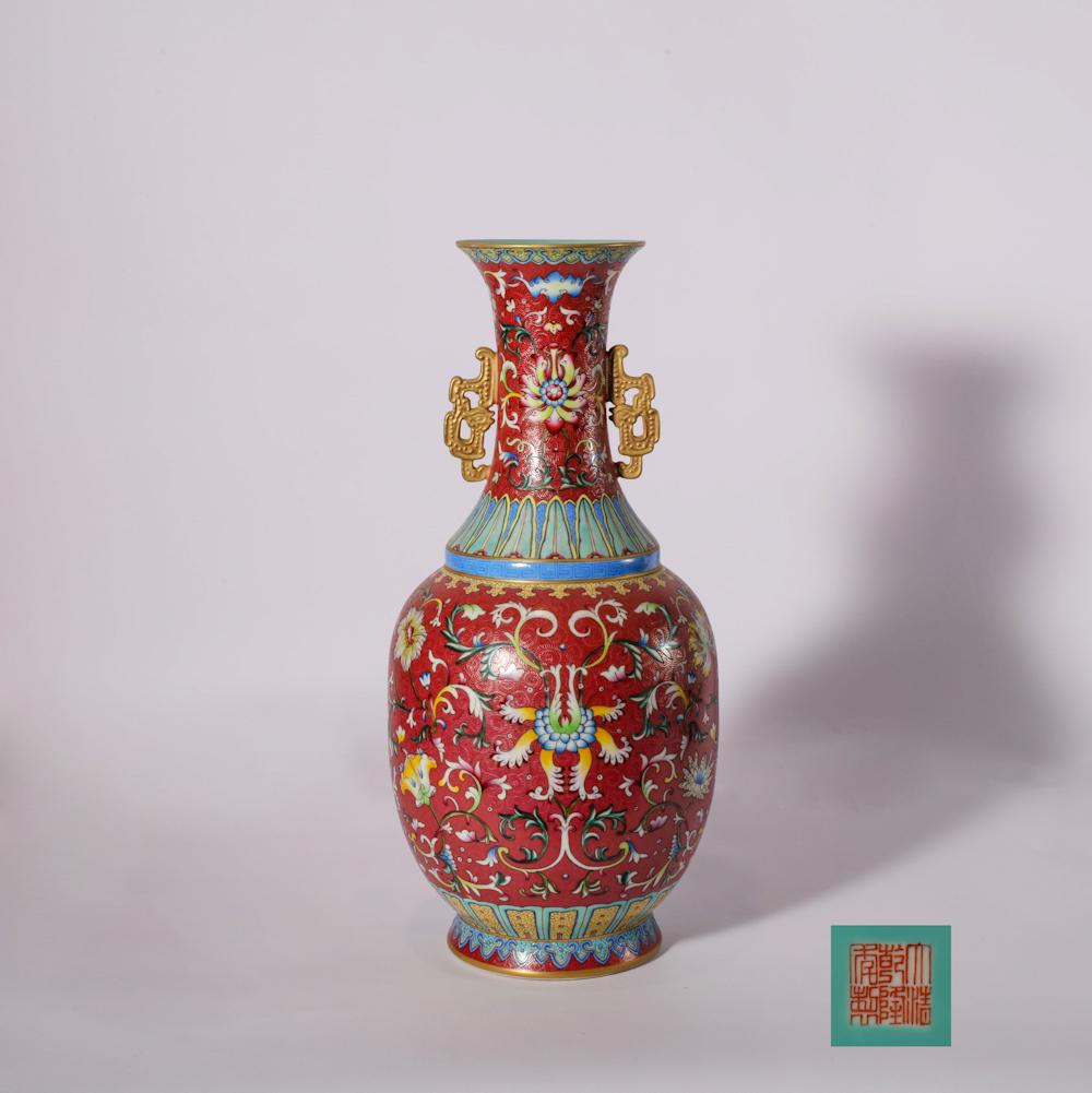 CHINESE FAMILLE ROSE FLORAL DOUBLE EARED VASE (1 of 7)