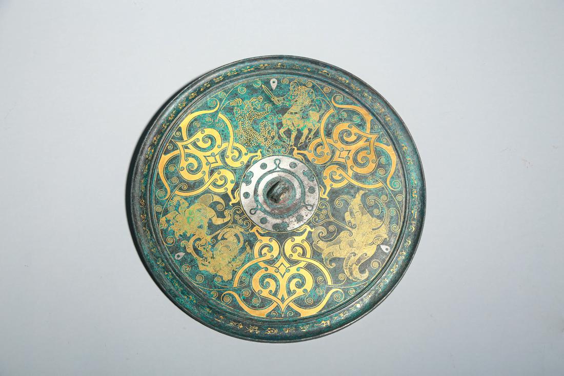 CHINESE SILVER AND GOLD INLAID BRONZE MIRROR (1 of 9)