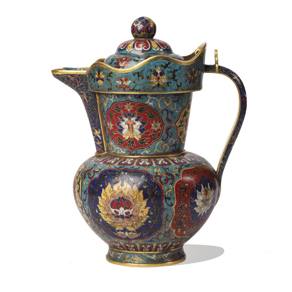 A CLOISONNÃ‰ ENAMEL BUDDHIST LOTUS MONKâ€™S CAP JUG (1 of 7)
