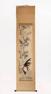 XU BEIHONG MARK, CHINESE ROOSTER PAINTING PAPER SCROLL: Length: 53.1 inches. Width: 13.8 inches. Length: 135cm Width: 35cm