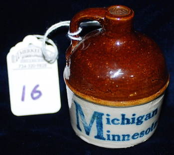 Souvenir Mini Jug Michigan Minnesota: 'Little Brown Jug' -2 ¾” tall w/Rich deep cobalt blue stenciling; “Who will Win?”