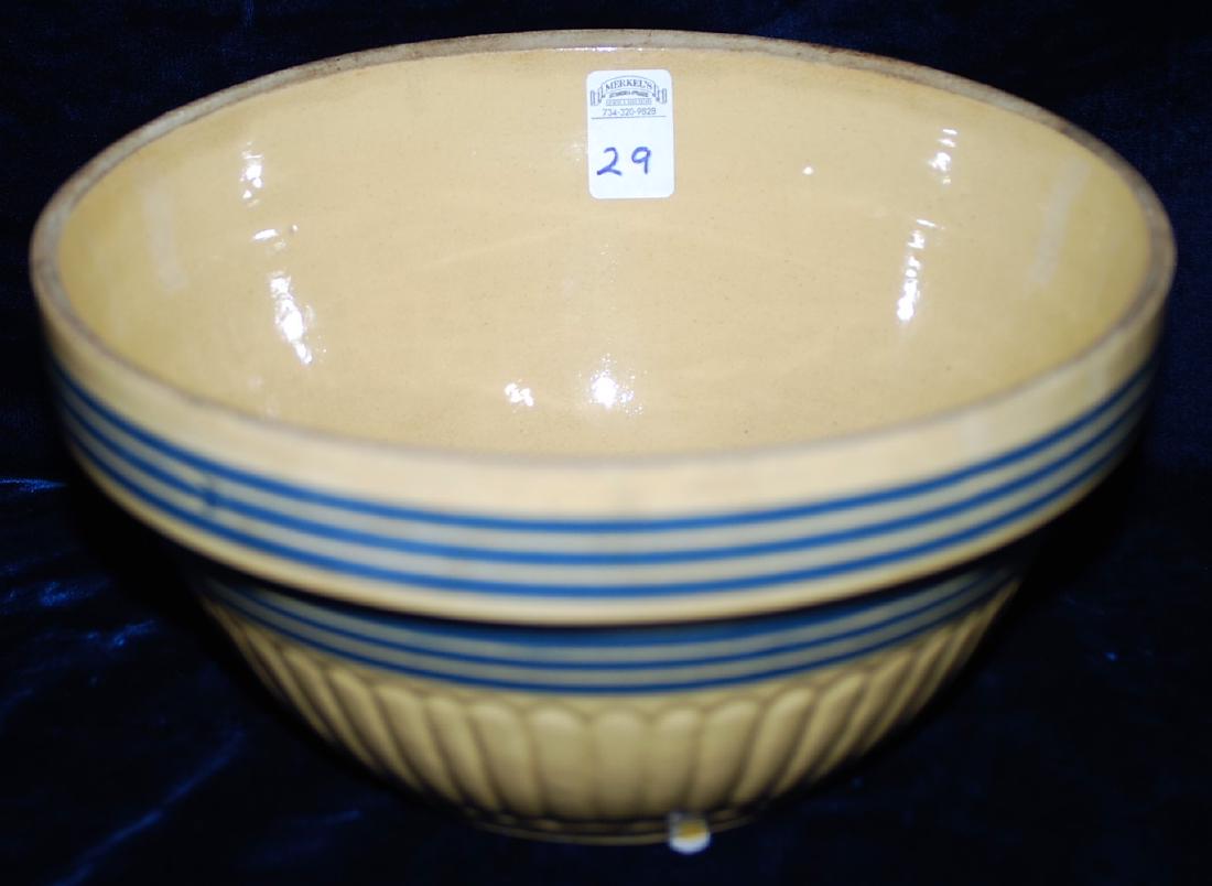Yellow Ware Panel Bowl triple blue ring top and bottom. (1 of 3)