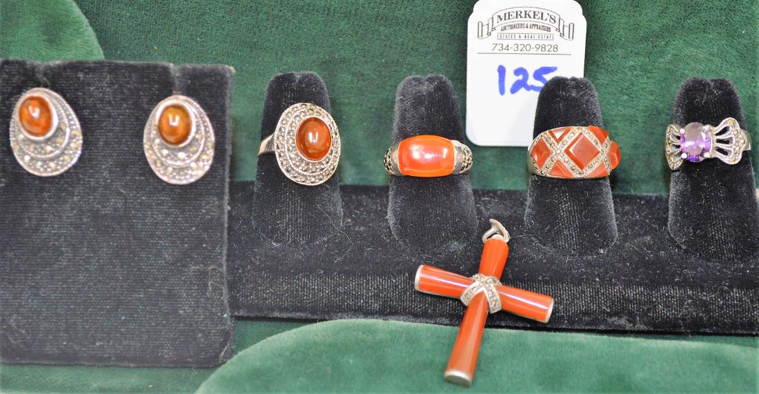 Lot of 6 Carnelian pieces on sterling & Amethyst ring (1 of 8)