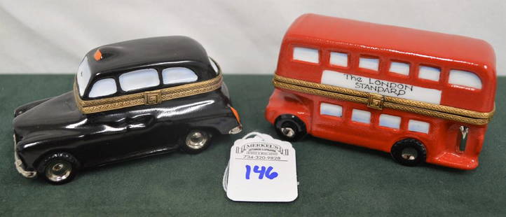 Limoges France Boxes Lot of 2 London pieces Bus & Taxi: This Limoges France porcelain lot includes 2 boxes: The London Standard Double Decker Bus/Coach -the front reads: 15 East Ham and the base is marked Limoges France (logo) as well as PEINT MAIN. A Lond