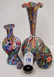 Lot of 5 Murano Milleflori pieces: Lot of 5 Murano Milleflori pieces -multicolored, includes: 2 vase: 7 & 5 inch tall, egg paper weight 3 in. w/ MADE IN MURANO ITALY sticker, 1 in. thumble, & circle miniature 0.25 in.All are in great s