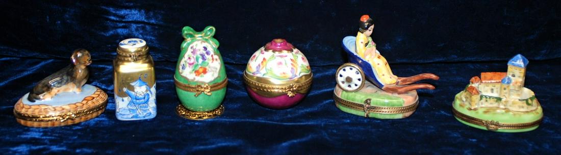 Limoges Dresser Boxes Lot of 6: All 6 pieces are signed "Limoges France" on the base. All are in great shape. The dog has a COA with it. See attached photos as evidence of condition and details.
