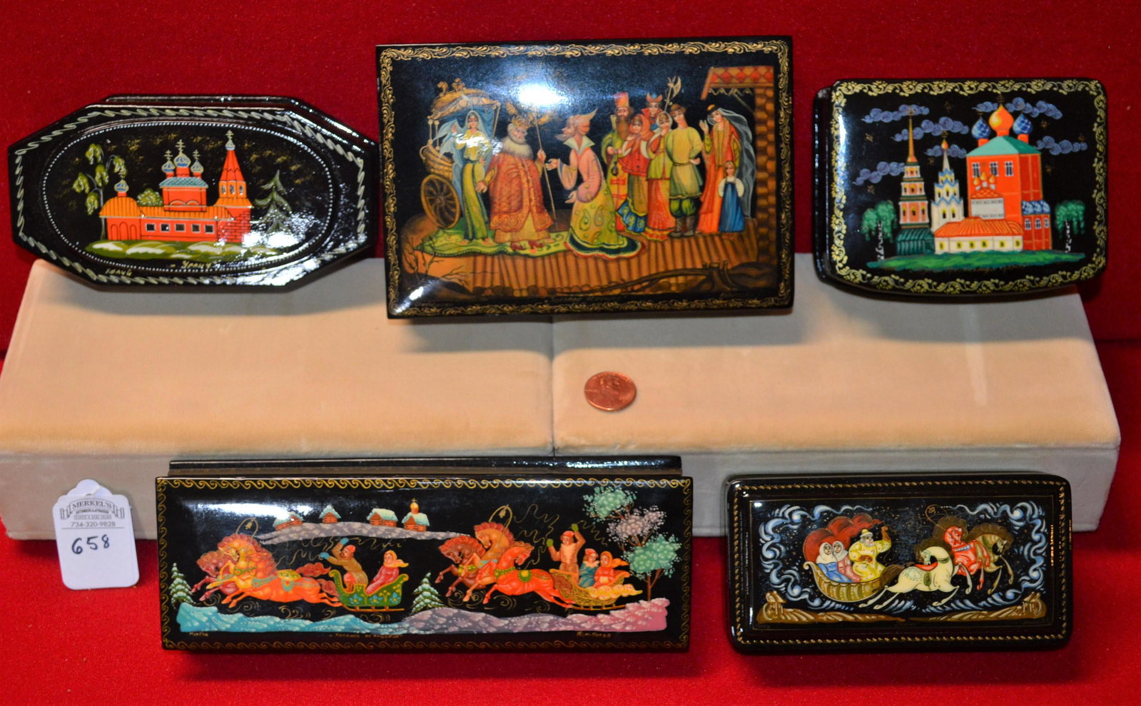 Lot of 5 Rectangular Russian Lacquer Boxes: Lot of 5 Rectangular Russian Lacquer Boxes.Estimate: $200-$400.These boxes measure in range from 7.25 x 2.5 in to 4 x 3 in.Please view pictures for detail and condition.
