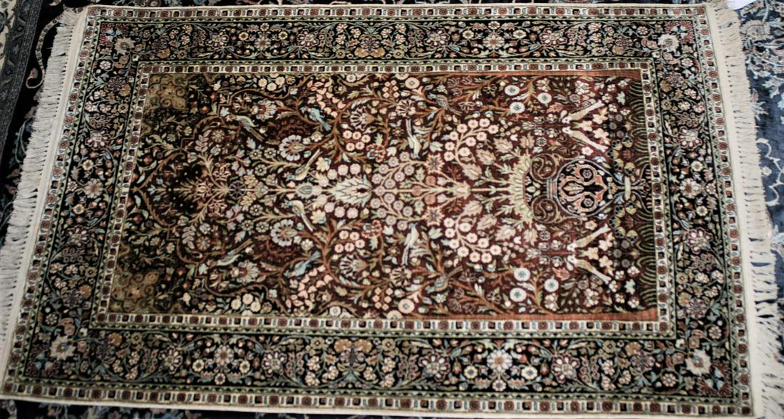 Silk Kashmir Keshan Prayer Rug 4 x 6 ft Flowers & Birds (1 of 10)