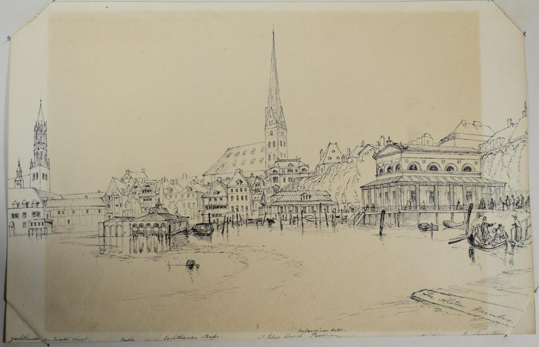 J.M.W. Turner Drawing "The Alster": This Sketch is Titled "The Alster, Hamburg ". Subject measures 7.5" x 11.75" and remains in good condition, with foxing. This piece comes with exceptional provenance including Antique Hammer Galleries