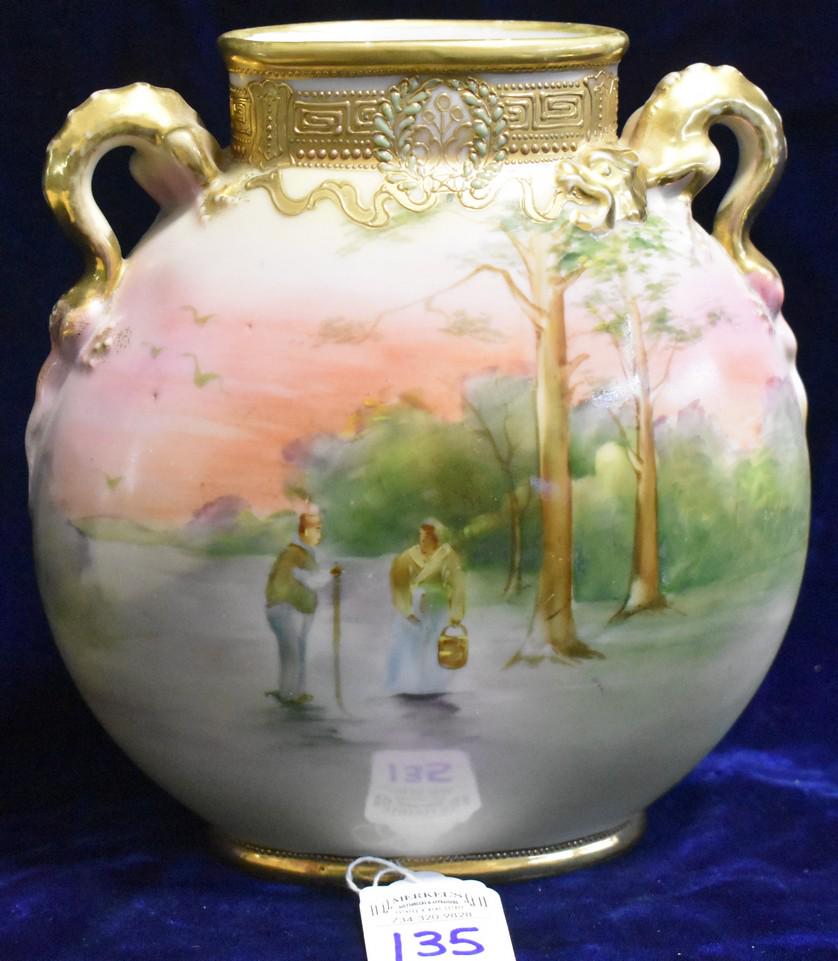 1891-1911 Murimura Gumi Nippon Pillow Vase: This hand decorated vase bares the maple leaf nippon mark, used by Morimura Gumi as early as 1891, and was used until 1911. See attached photos as evidence of condition and details.