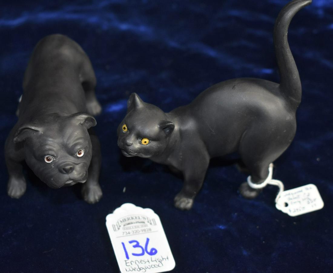 Ernest Light Wedgwood Black Basalt Animals: This lot includes two Ernest Light Black basalt animal figurines with glass eyes. Both figurines are from the early to mid 20th century. The Bulldog from Snout to Tail Measures 4 7/8" Long, 2 5/8" Hig
