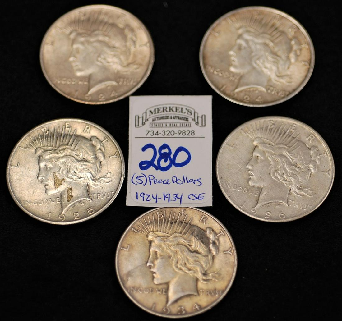 Lot of 5 Peace Silver Dollars 1924-1934 (1 of 4)