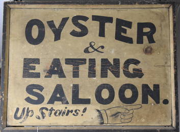 Original and Rare Manchester MI Oyster & Eating Saloon Up Stairs! Double Sided Wooden Sign