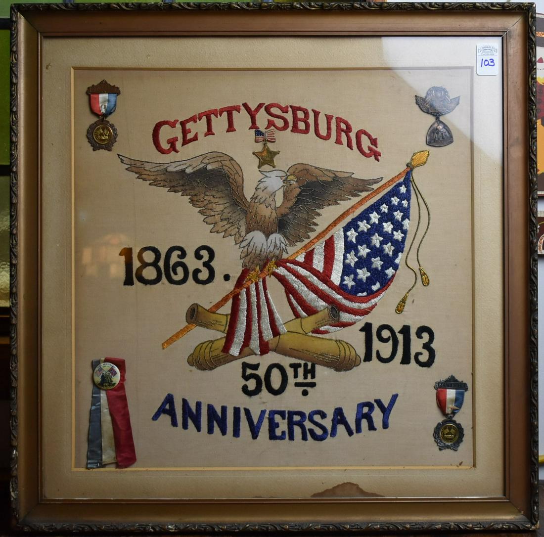 1913 50th Anniversary Gettysburg Needlepoint with Three Badges and Celluoid Ribbon Pin Back (1 of 8)