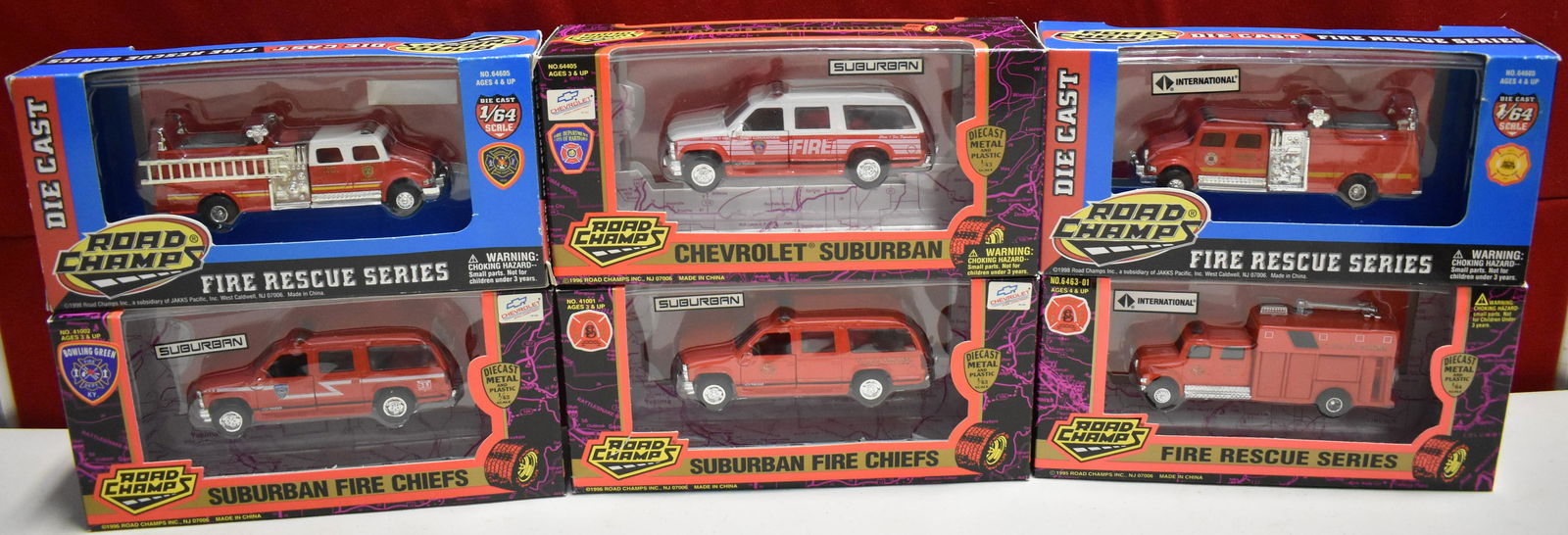 Lot of 6 Road Champs Fire Models: Road Champs City of Hartford Fire Department District One Shift Commander's Suburban 64405 (1/43), St. Louis Fire Department Rescue Squad 2 International 6463-01 (1/64), St. Louis Fire Department Fire