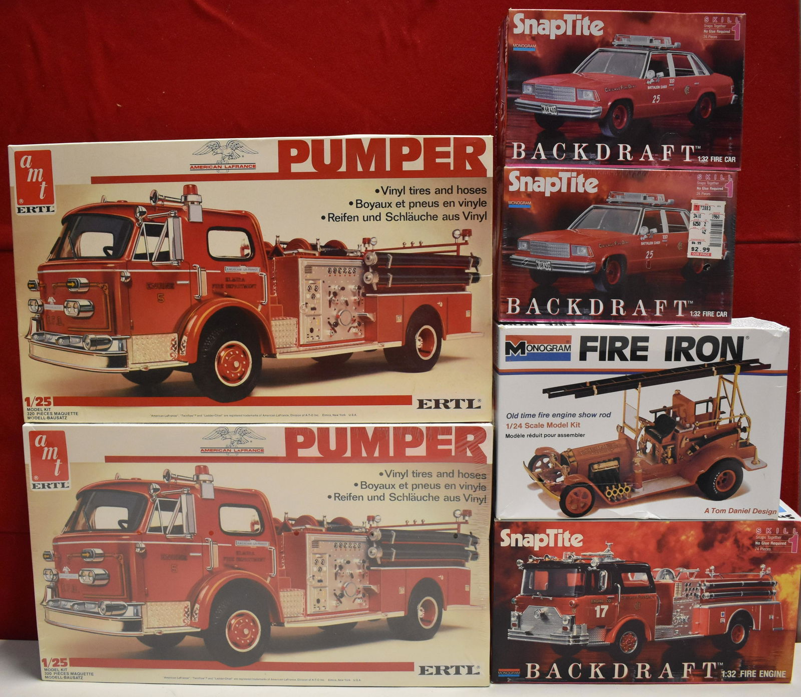 1/32 Snaptite Backdraft Fire Car (2), Snaptite Backdraft Fire Engine, 1/24 Monogram Fire Iron Old (1 of 1)
